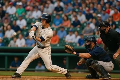 Baseball Player Swings at a Pitch During a Game