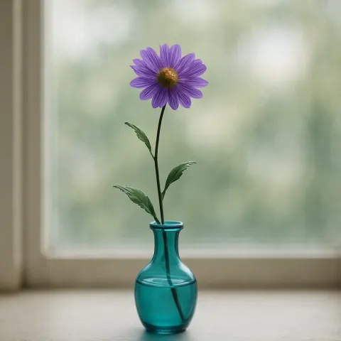 Single Purple Flower Stem in a Turquoise Glass Vase