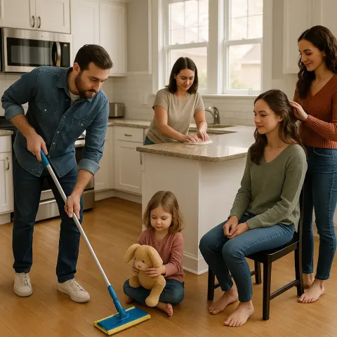 Man Is Cleaning the Floor with a Mop