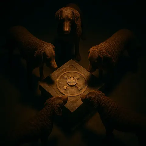 Several Curly-coated Retrievers Encircle a Mysterious Central Altar