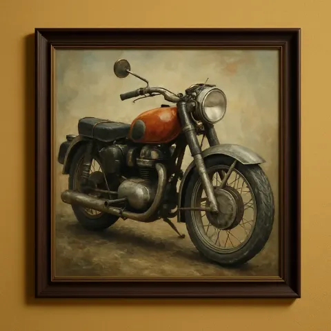 Large Oil Painting of a Classic Motorcycle
