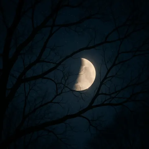 Crescent Moon Shining Gently Behind Dark Tree Branches