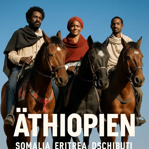 Three Individuals Riding Horses Stand Against a Clear Blue Sky