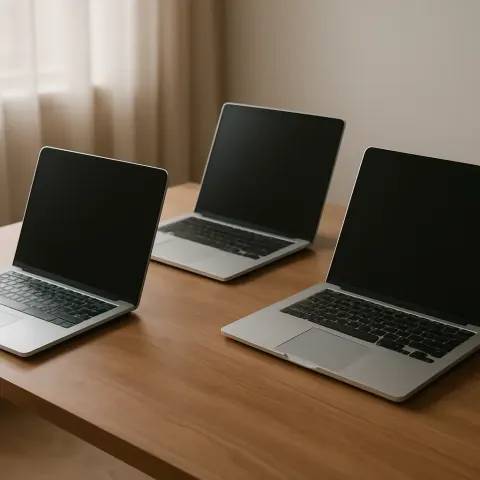 Three Contemporary Laptops Arranged on a Wooden Table