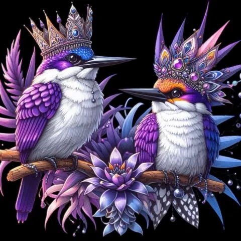 Regal Lavender Birds with Ornate Crowns