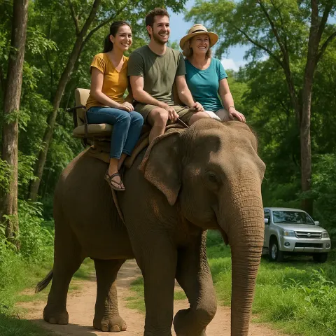 Three People Riding an Elephant in a Lush Outdoor Setting