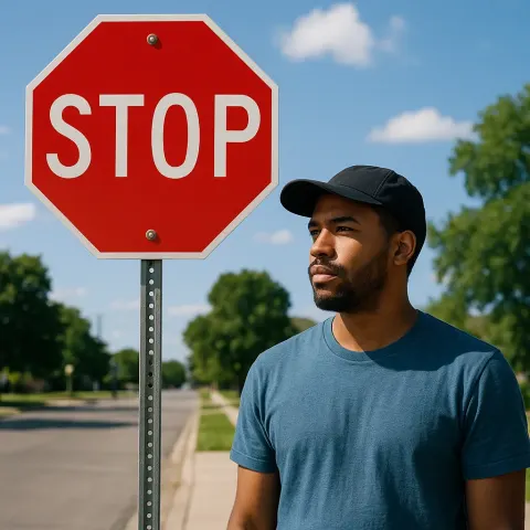 Individual Positioned Next to a Vivid Red Stop Sign