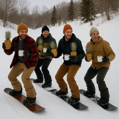 Crew of Guys Is Riding Snowboards Down a Wintry Slope