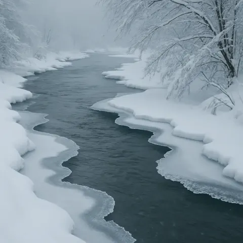 Riverbank Blanketed in Snow