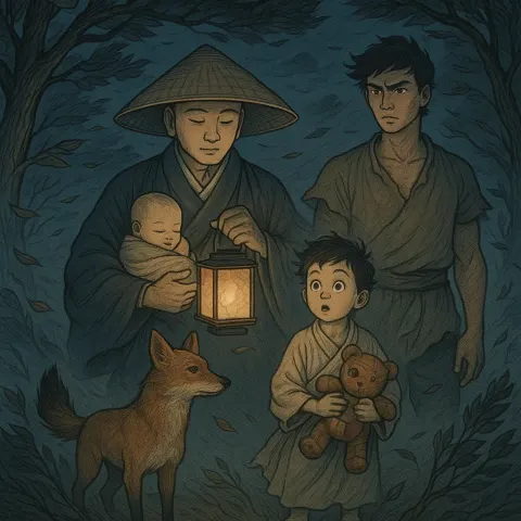 Humanitarian Figure in Feudal Japanese-styled Attire Tenderly Shields an Infant
