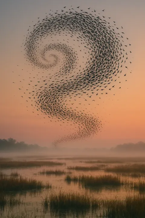 Countless Distant Migratory Birds Form a Swirling Vortex