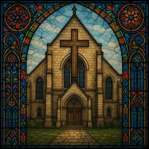 Traditional Christian Church Encircled by Elaborate Stained Glass Panels