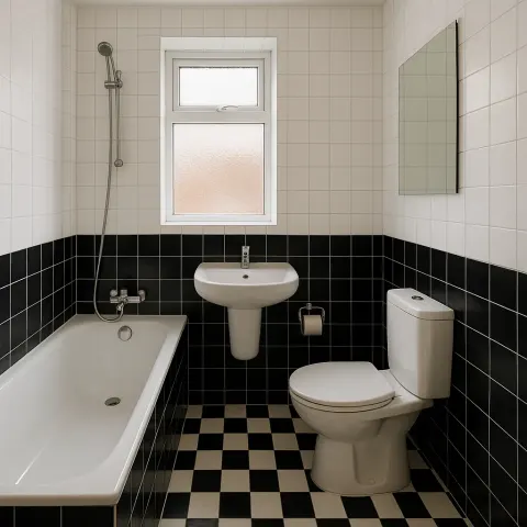 Compact Bathroom with Black and White Tiled Walls