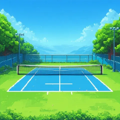 Nostalgic Pixel Tennis Court Under Blue Sky