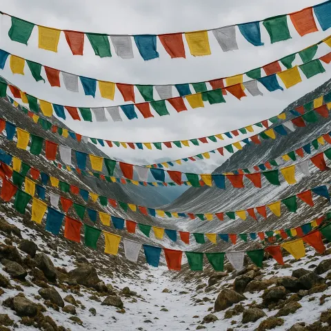 Many Colorful Prayer Flags Flutter on Long Strings