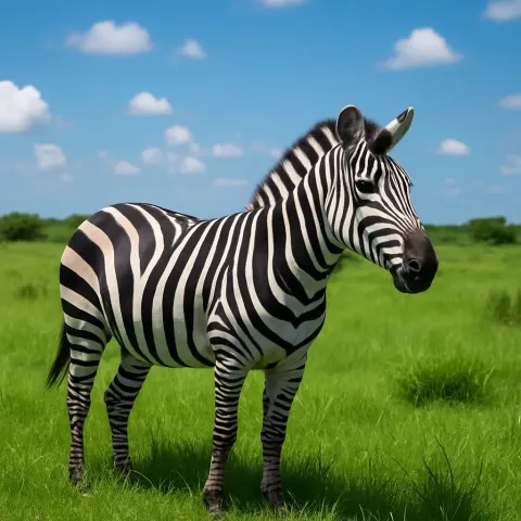 Zebra with Stripes Is Standing in a Vibrant Green Savanna