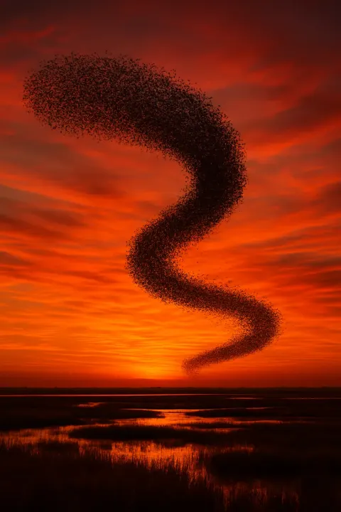 Vast Flock of Migratory Birds Forms a Swirling Dark Ribbon