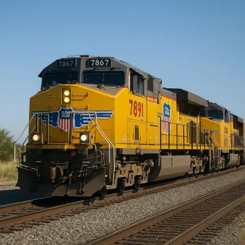Yellow Union Pacific Freight Train with Two Locomotives Travels