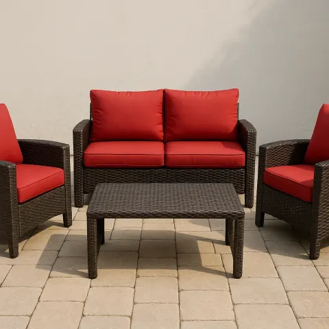 Patio Furniture Set Featuring a Dark Brown Woven Rattan Loveseat