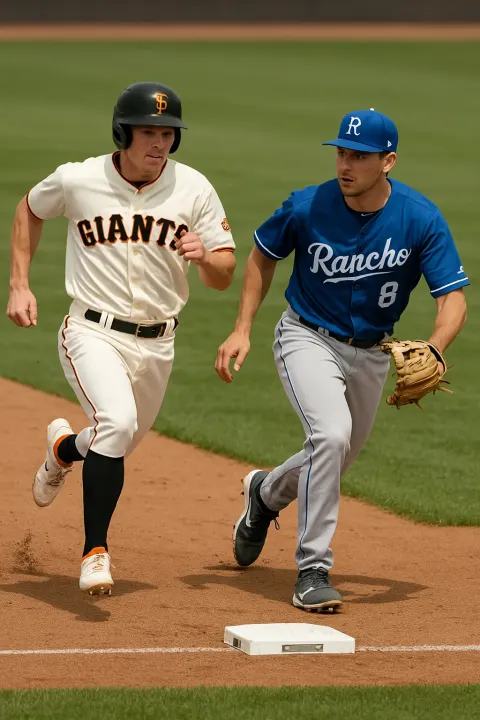 Baseball Player Wearing a "Giants" Uniform Is Running Past First