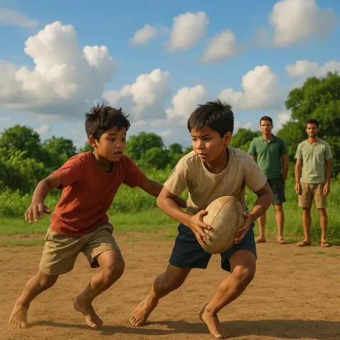 Two Boys Play Rugby on a Dirt Field