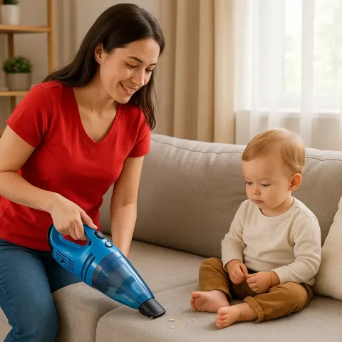 Woman in a Red Shirt Uses a Blue Handheld Vacuum
