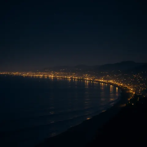 Myriad Distant Lights from a Sprawling Coastal City Glitter Along
