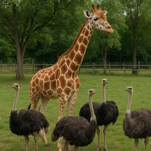 Giraffe Standing Among a Group of Ostriches in a Grassy