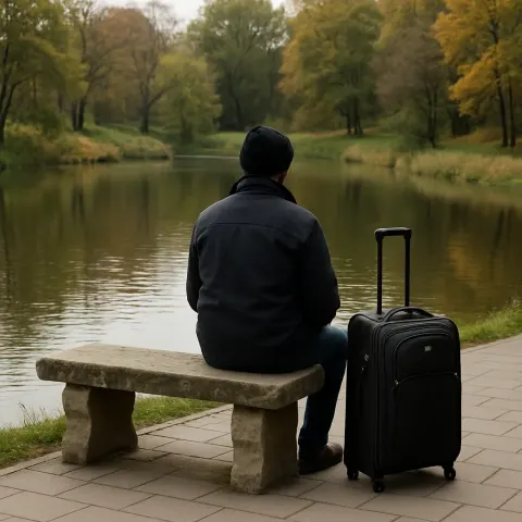 Person Sits on a Stone Bench Beside a Pond