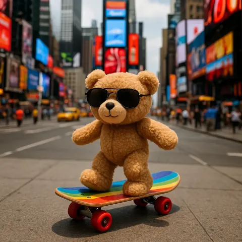 Teddy Bear Dressed in Sunglasses Gliding on a Vibrant Skateboard