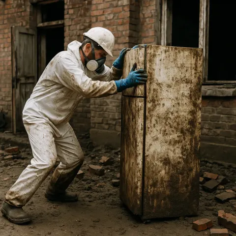 Man Wearing Protective Gear Struggles to Move a Heavily