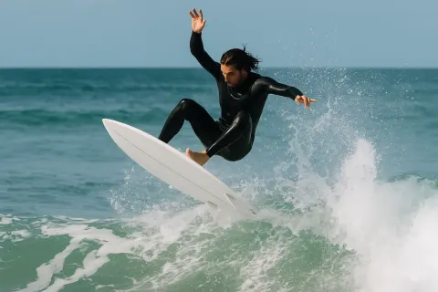 Surfer Wearing a Black Wetsuit Performs an Aerial Maneuver