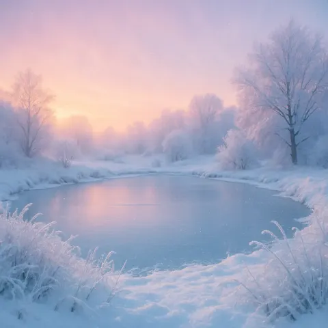 Snow-covered Landscape Encircles a Frozen Pond