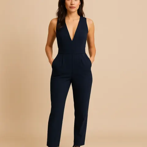 Woman Wearing a Sleeveless Navy Blue Jumpsuit
