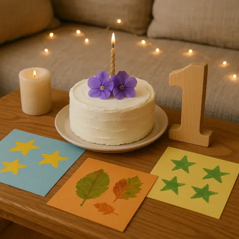 Cozy Birthday Setup Featuring a White Cake with Purple Flowers