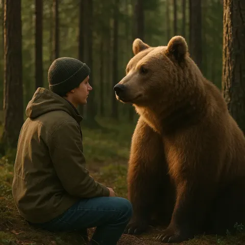 Person Seated Next to a Bear Within a Forest