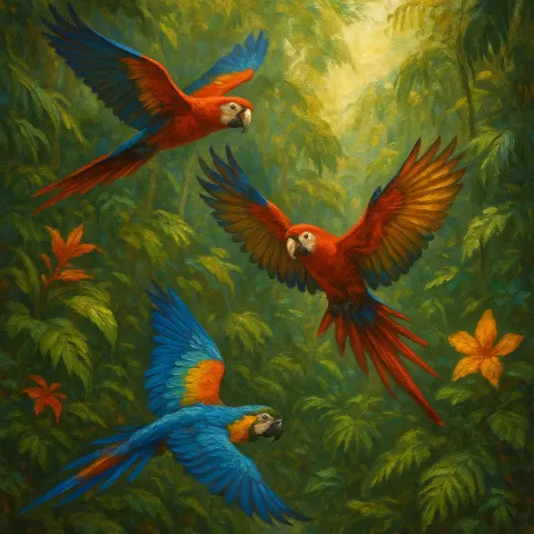 Dynamic Depiction of Three Vividly Colored Tropical Birds in Motion