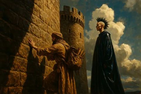Nomadic Artist in Earthy Tones Gently Caresses the Towering Castle's