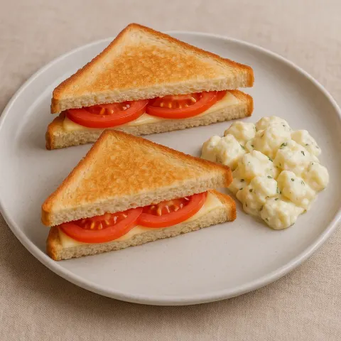 Plate with Two Triangular Sandwiches Filled with Cheese and Tomatoes