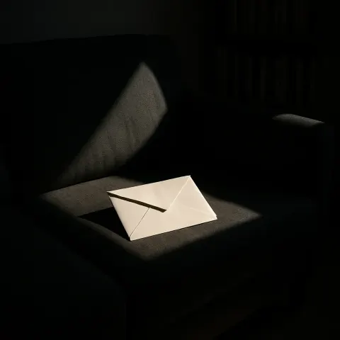 Starkly Top-lit Envelope Rests on a Sofa by Bookshelves