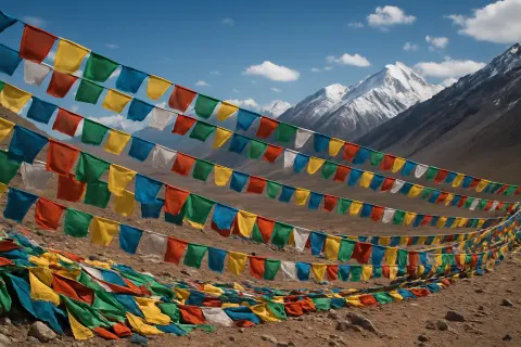 Multitude of Colorful Prayer Flags Stretches Across a Vast