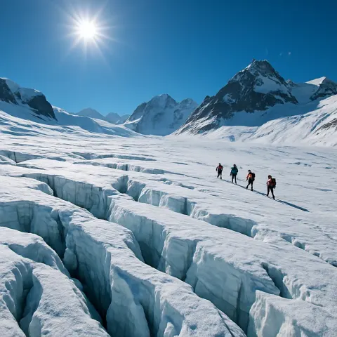 Small Group of Distant Mountaineers Slowly Makes their Way