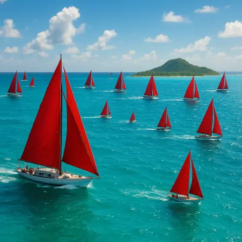 Many Crimson-sailed Yachts Race Across a Vast