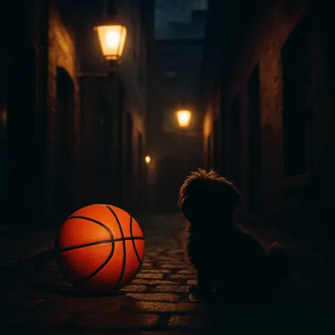 Vibrant Basketball and Maltese Dog Starkly Silhouetted in a Dim
