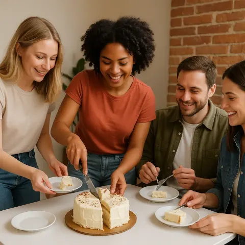 People Gathered Around a Table Cutting and Serving a Cake