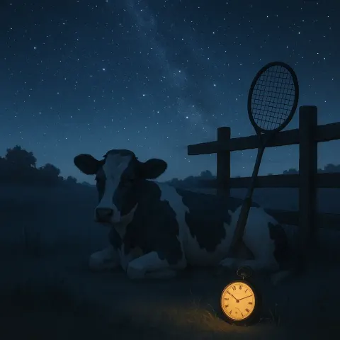 Peaceful Nighttime Setting Featuring a Cow