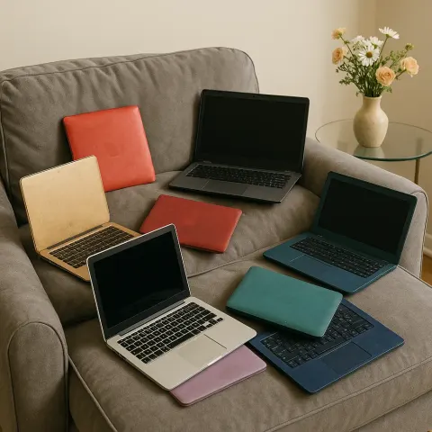 Plush Gray Armchair Is Unevenly Filled with Laptops of Different