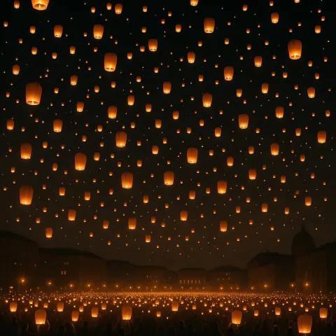 Thousands of Glimmering Lanterns Float Skyward from a Vast