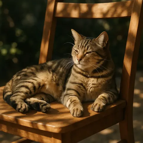 Striped Cat Relaxing on a Wooden Seat Beneath Sunlight