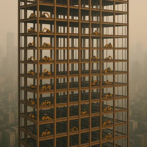 Multitude of Tiny Construction Vehicles Moves Methodically